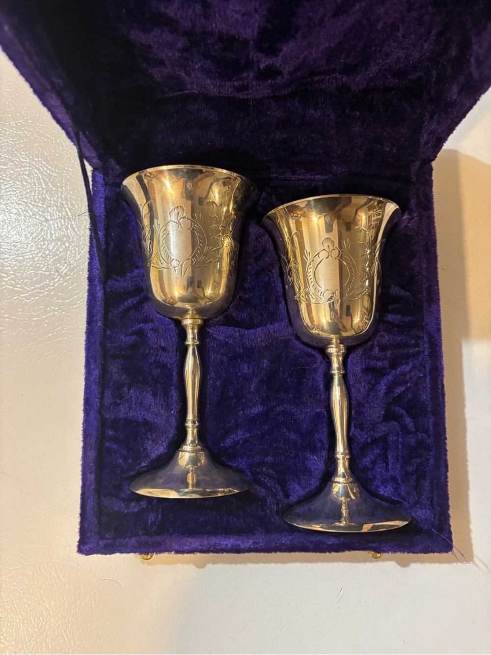 Vintage Pair Stemmed Brass Wine Goblets, Etched Floral Design, Blue Velvet Box